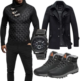 Midi Outfit mit Schwarz/Dunkelgrau Wasserdichter Stiefel/Winter Stiefel/Trekkingstiefel/Thermostiefel/Winter Stiefelette/Wasserfester Schuh/Winter Sneaker/Herren Lederschuhe Mishansha "Winter Outfit"