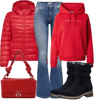 Streetwear Outfit s Červená Unisex Mikina S Kapucí/Vintage Mikina/Partnerská Mikina/Originální Mikina/Mikina/Svetr S Kapucí/Sportovní Mikina Tommy Jeans "Stylový zimní outfity"Look: Nadrozměrné, Sportovní, 70tá léta, Streetwear, Traditional, Unisex
