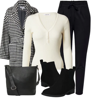 Skromné Outfit s Černá Dámská Ponožková Bota/Chelsea Boty/Plochá Kotníková Bota/Gumová Kotníková Bota/Kožená bunda/Letní kotníková kozačka About You "Nápadný look na zimu"Look: Cool, Duckfeet, Elegantní, Krásný, Old Money, Bezešvé, Skromné