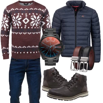 Outfit mit Dunkelrot/Bordeaux/Braun Kaschmir Pullover/Vintage Pullover/Jacquard Pullover/Pullover Bedrucken/Winterpullover/Wollpullover/Norweger Pullover !Solid "Winter Outfit"
