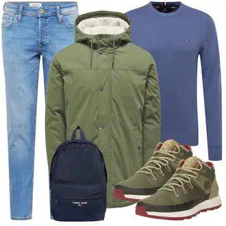 Outfit mit Blau/Hellblau Damen 7/8-Länge Jeans/Knöchelstiefel/Boyfriend Jean/Cropped Jeans/Dad Jeans/Girlfriend Jeans/Low Rise Jean/Regular-Fit Jeans/Slim Fit Jeans/Tapered-Jeans Jack & Jones "Winter Outfit"