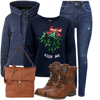 Outfit s Červená/Tmavě modrá/Růžová Vánoční svetr Only "Módní zimní outfit"
