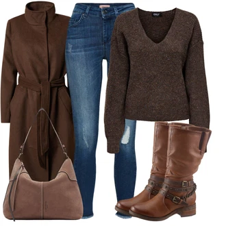 Outfit s Šedá/Hnědá/Tmavě zelená/Tmavě hnědá Přechodový Kabát/Lodenový kabát/Kašmírový Kabát/Vlněný Kabát/Trenčkot/Dlouhý kabát/Midi Kabát/Zimní Kabát Vlněný kabát/Dlouhý Kabát VERO MODA "Trendový zimní vzhled"