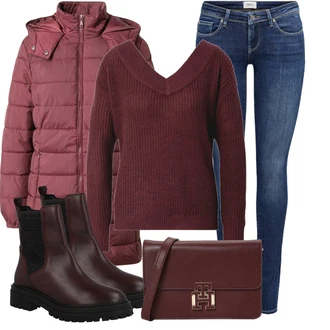 Outfit s Tmavě červená/Vínová/Fialová Svetr s holým zády/Basic Svetr/Svetr Carmen/Svetr s Výstřihem/Vodopádový Svetr/Svetr z Jemné Pleteniny/Kašmírový Svetr/Jednoduchý Svetr/Svetr s V-výstřihem/Svetry s netopýřím rukávem/Pletený Svetr/Sametový Svetr Only "Zimní look"