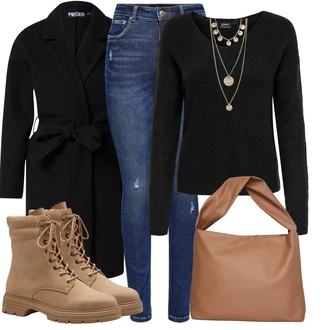 Outfit s Černá/Tmavě modrá Vlněný Kabát/Kašmírový Kabát/Zimní Kabát Vlněný kabát/Scuba Kabát/Lodenový kabát/Midi Kabát Pieces "Stylový zimní outfity"