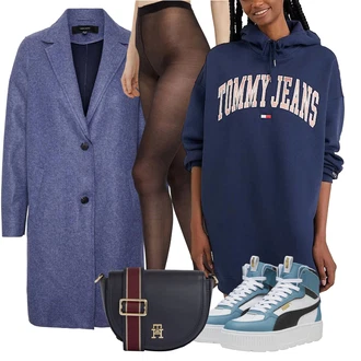 žakár Outfit s Tmavě modrá/Modrá/Světle modrá Šaty Nadměrná velikost šatů/Mikinové Šaty Tommy Jeans "Zimní look"
