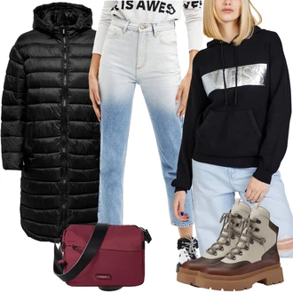 Prodyšné Outfit s Béžová/Hnědá Šněrovací Kotníková Bota/Teniska na platformě/Zimní Tenisky/Chunky Tenisky/Trekingová Bota Tamaris "Zimní look"