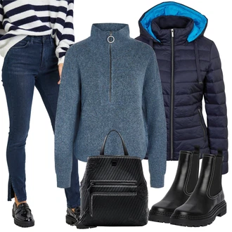 Outfity na zimu Džínovina s Tmavě modrá/Modrá/Bílá Guess "Zimní look"