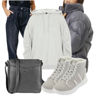 Trendový Outfit s Béžová/Světle šedá/Šedá/Hnědá Teniska Zimní Tenisky/Tenisky s Bočním Zipem/Teniska teddy/Úzká Teniska alpine pro "Zimní look"Look: Měkká dívka, Pohodlný, Ležérní, Sportovní, Trendový, Unisex