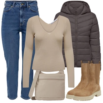 Kůže Hunting Outfit s Béžová/Hnědá Plochá Kotníková Bota/Ovčí Kožešinová Bota/Zimní kozačka z jehněčí Kůže/Gumová Kotníková Bota/Klasická kozačka/Kožená bunda/Kotníková Bota s Podšívkou/Chelsea Boty Geox "Zimní look"Look: Trekking, Hunting