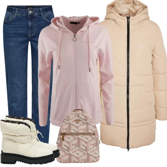 Outfit s Bílá/Béžová/Khaki Kozačka Boty do Sněhu/Zimní bota/Zimní Kozačka z jehněčí kůže/Vycpaná Kozačka/Zimní tenisky/Zimní kotníková bota Guess "Zimní look"