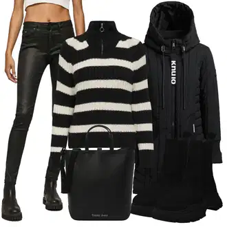 Outfity na zimu Pruhovaný s Černá/Tmavě modrá/Bílá/Hnědá Svetr se zipem/Svetr s límečkem Only "Zimní look"