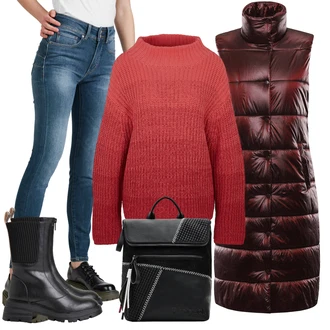 Outfit s Modrá/Zelená Kožená bunda/Termální Džíny/Zimní bunda/Džíny s Nízkým Sedem/Kožené Boty/Slim Fit Džíny/Navlékací džíny/Push up Džín/Kotníková Bota/Džín s Nízkým Pasem Guess "Zimní look"