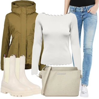 Outfit s Béžová/Bílá/Krémová/Khaki Chelsea Boty/Kožená bunda/Gumová Kotníková Bota Tommy Hilfiger "Zimní look"