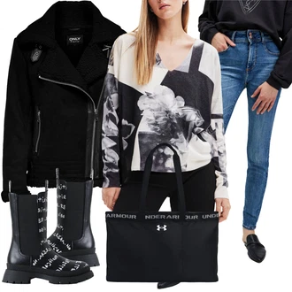 Outfit s Černá/Tmavě modrá Chelsea Boty/Klasická kozačka/Holínky/Bojová Bota/Motorkářská bota/Kožená bunda/Gumová Kotníková Bota Desigual "Zimní look"