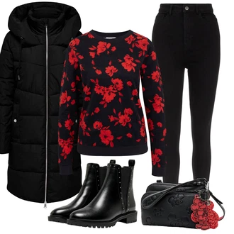 Nadrozměrné Outfit s Černá Kožená bunda/Chelsea Boty/Plochá Kotníková Bota/Kožená kotníková bota Only "Zimní look"Look: Gotický, S Mokrým Vzhledem, Šik, Lak, Premium, Glamourové, Nadrozměrné, Metal, Trendový, Elegantní