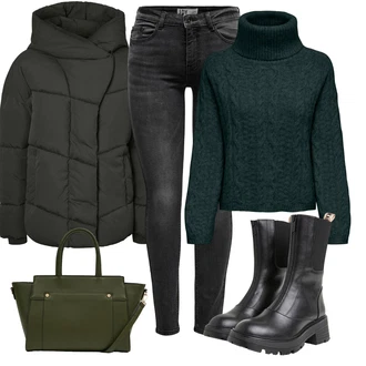 Outfit s Zelená/Tmavě zelená Zimní Bund/Snowboardová Bund/Sněhová Bund/Zimní Parka/Udržitelná bunda/Nafukovací Bund/Lyžařská bunda/Puchová Bund Noisy may "Zimní look"