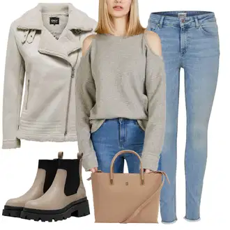Motorka Zima Outfit s Šedá/Béžová/Khaki/Hnědá Bunda Zimní Bund Only "Zimní look"Look: Motorka, Jízda na koni