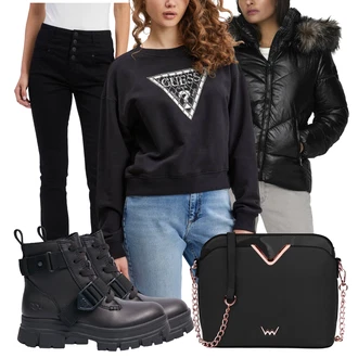Outfity na zimu Pohodlný s Černá Bunda z umělých vláken/Nafukovací Bund/Puchová Bund/Péřová Bunda Only "Zimní look"Look: Klasické, Sportovní, Bezešvé, Pohodlný, Egirl, Šik, S Mokrým Vzhledem, Venkovní, Francouzské