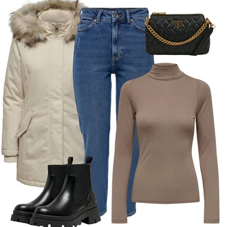 Lak Outfit s ?erná Koza?ka Chelsea Boty/Ko?ená bunda/Plochá Kotníková Bota/Gumová Kotníková Bota Only "Zimní look"Look: Lak, ?ik, Estetika, S Mokrým Vzhledem, Elegantní, Trendový, Unisex, Metal, Glamourové