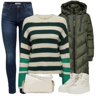 Outfity na zimu Pohodlný s Béžová/Bílá Taška Přes Rameno/Brašna/Malá Taška/Sportovní Taška Přes Rameno/Dopisová peněženka/Bagetová taška/Klasická Taška Přes Rameno Desigual "Zimní look"Look: Elegantní, Pohodlný