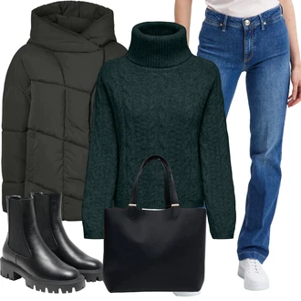 Outfity na zimu s Modrá Rovná Džína/Girlfriend Džíny/Navlékací džíny/Pánské tričko/Vintage džíny/Formální Košile/Dad Džíny/Sportovní boty/Slim Fit Džíny/Kožené Boty/Džíny Regular Fit Guess "Zimní look"