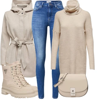 Outfit s Khaki/Bílá/Béžová/Hnědá Pletené Šaty/Zimní Pletené Šaty/Šaty S Rolákem/Svetrové Šaty Only "Zimní look"