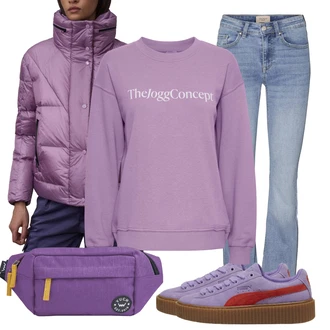 Outfity z džínu Pyžamové Léto s Tmavě modrá/Fialová Taška do pasu/Vějířová brašna/Plážová Taška/Pásková taška Vuch "Zimní look"