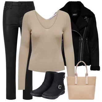 Outfit s Černá Kozačka Ovčí Kožešinová Bota/Zimní bota/Zimní kotníková bota/Kotníková Bota s Podšívkou/Kožená bunda/Zimní Kozačka z jehněčí kůže/Plochá Kotníková Bota/Gumová Kotníková Bota/Motorkářská bota/Nepromokavá Kozačka Rieker "Zimní look"