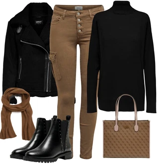 Lak Outfit s ?erná Koza?ka Ko?ená bunda/Chelsea Boty/Plochá Kotníková Bota/Ko?ená kotníková bota Only "Zimní look"Look: Gotický, S Mokrým Vzhledem, ?ik, Lak, Premium, Glamourové, Nadrozm?rné, Metal, Trendový, Elegantní