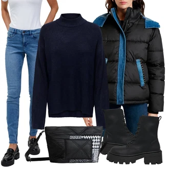 Outfit s Světle modrá/Modrá Kožená bunda/High Waist Džínové Kalhoty/Termální Džíny/Kožené Boty/Navlékací džíny/Slim Fit Džíny/Zimní bunda/Motorkářské Džíny/Push up Džín orsay "Zimní look"