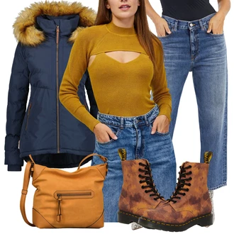 Pravá Kůže Outfit s Hnědá/Oranžová Veganská Bota/Klasická Kozačka/Šněrovací Kotníková Bota/Vintage Kozačka/Vintage Kotníková Bota Dr. Martens "Zimní look"