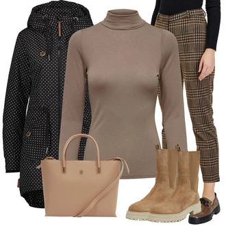 Kůže Hunting Outfit s Béžová/Hnědá Plochá Kotníková Bota/Ovčí Kožešinová Bota/Zimní kozačka z jehněčí Kůže/Gumová Kotníková Bota/Klasická kozačka/Kožená bunda/Kotníková Bota s Podšívkou/Chelsea Boty Geox "Zimní look"Look: Trekking, Hunting