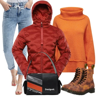 Pravá Kůže Outfit s Hnědá/Oranžová Veganská Bota/Klasická Kozačka/Šněrovací Kotníková Bota/Vintage Kozačka/Vintage Kotníková Bota Dr. Martens "Zimní look"