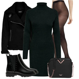 Lak Outfit s ?erná Koza?ka Ko?ená bunda/Chelsea Boty/Plochá Kotníková Bota/Ko?ená kotníková bota Only "Zimní look"Look: Gotický, S Mokrým Vzhledem, ?ik, Lak, Premium, Glamourové, Nadrozm?rné, Metal, Trendový, Elegantní