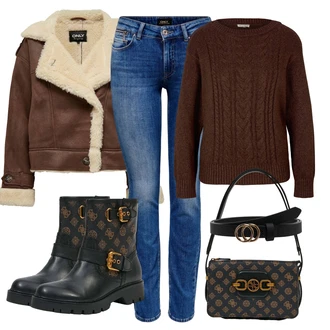Pravá Kůže Outfit s Černá/Hnědá Kožená kotníková bota/Motorkářská bota/Kotníková Bota s Podšívkou/Plochá Kotníková Bota/Kožená bunda/Gumová Kotníková Bota/Klasická kozačka Guess "Zimní look"