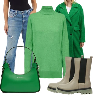 Outfit s Khaki/Tmavě zelená/Béžová/Hnědá Kozačka Kožená bunda/Gumová Kotníková Bota/Holínky/Chelsea Boty Tom Tailor "Zimní look"