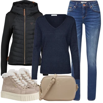 Teplé Outfit s Béžová/Fialová/Hnědá Teniska teddy/Tenisky s Bočním Zipem/Zimní Tenisky/Teniska na platformě Tamaris "Zimní look"