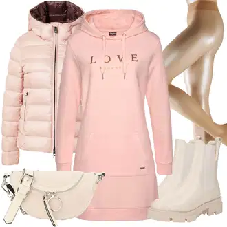 Outfit s Béžová/Khaki/Krémová/Hnědá/Bílá Bota Chelsea Boty/Kožená bunda/Plochá Kotníková Bota/Gumová Kotníková Bota Guess "Zimní look"