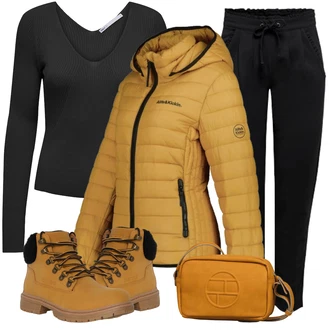 Outfit s Žlutá/Hnědá Prošívaná Bunda/Puchová Bund/Hybridní Bunda/Nafukovací Bund/Sbalitelné Bund/Letní peřová Bunda/Zimní Bund/Merino Bunda/Bunda s Kapucí/Izolační Bunda/Termo Bund/Bunda z umělých vláken Alife and Kickin "Zimní look"