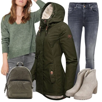 Outfit s Tmavě Zelená/Zelená Bunda s Kapucí/Bunda s Bočním Zipem/Vosková Bunda/Vojenské Bund/Bundeswehr Parka/Outdoorové Bundy/Trekingová bunda/Funkční Bunda/Podzimní bunda Ragwear "Zimní outfit pro volný čas"