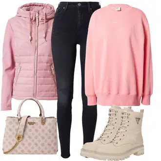 Outfit sa Pink Dukserica s kapuljačom/Sportska majica/Kožna jakna/Majica od flisa Nike Sportswear "Kombinacije Za Zimu"