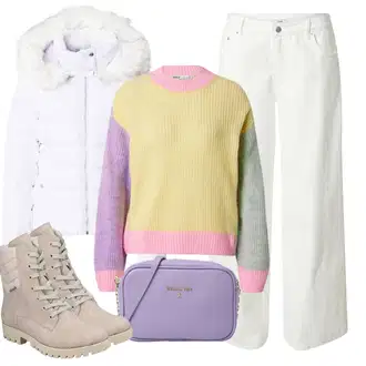 Outfit s Béžová/Hnědá/Fialová Kozačka Šněrovací Kotníková Bota/Zimní bota/Klasická Kozačka/Bojová Bota/Zimní kotníková bota/Kotníková Bota s Podšívkou Rieker "Zimní outfity"