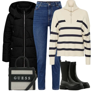 Outfity s "mom" džínami Zima s Bílá Džíny Regular Fit/Mom Jean/Slim Fit Džíny/Zimní bunda/High Waist Džínové Kalhoty/Push up Džín/Zužující se Džíny Pieces "Zimní outfity"