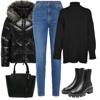 Outfity s "mom" džínami Zima s Černá Bunda z umělých vláken/Nafukovací Bund/Puchová Bund/Péřová Bunda Only "Zimní outfity"
