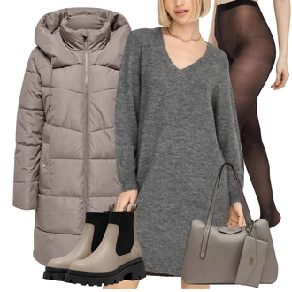 Outfity na zimu Dlouhé s Šedá/Hnědá/Béžová Taška Přes Rameno/Kancelářská Taška/Shopper taška/Obchodní Taška/Taška/Sportovní Taška Přes Rameno Guess "Zimní outfity"