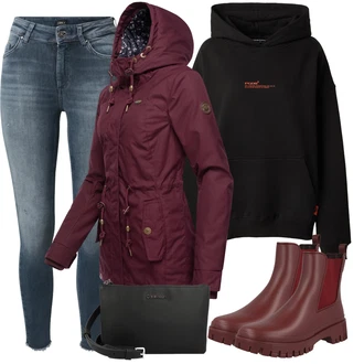 Outfit s Hnědá/Tmavě červená/Vínová/Fialová Kožená bunda/Plochá Kotníková Bota/Gumová Kotníková Bota LEMON JELLY "Zimní outfity"