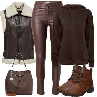 Outfit s Hnědá/Tmavě hnědá/Tmavě červená/Vínová Kožená bunda/High Waist Džínové Kalhoty/Motorkářské Džíny/Termální Džíny/Džíny s Rozparkem Soyaconcept "Zimní outfity"