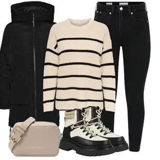 Outfity na zimu Pruhovaný s Krémová/Tmavě modrá/Béžová/Bílá Jednoduchý Svetr Only "Zimní outfity"
