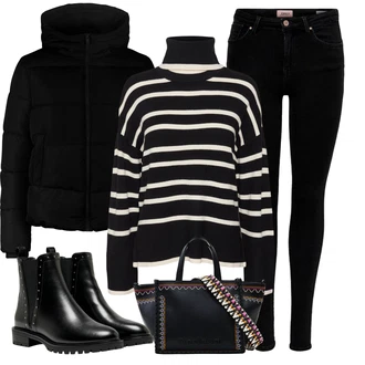 Nadrozměrné Outfit s Černá Kožená bunda/Chelsea Boty/Plochá Kotníková Bota/Kožená kotníková bota Only "Zimní outfity"Look: Gotický, S Mokrým Vzhledem, Šik, Lak, Premium, Glamourové, Nadrozměrné, Metal, Trendový, Elegantní